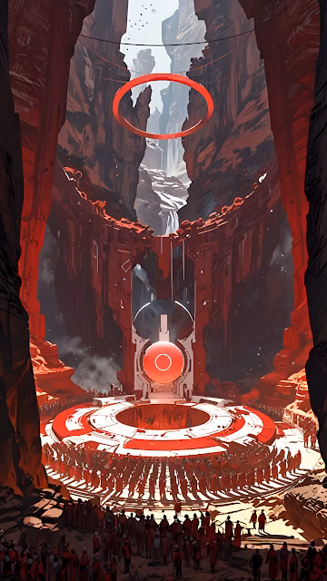 Red Canyon Ritual with Glowing Orb and Floating Ring - Free 4K & 8K Mobile Wallpaper