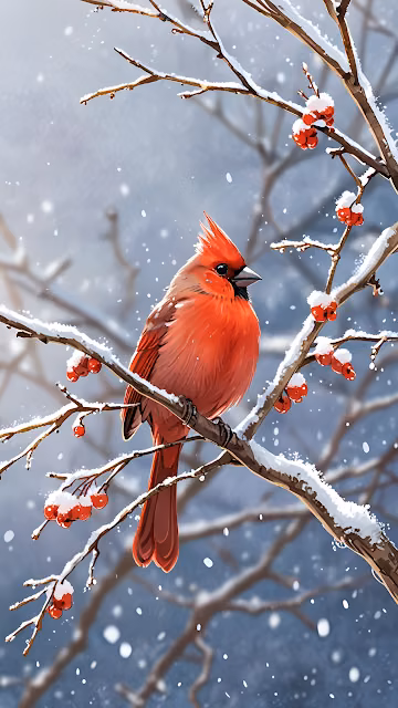 Red Cardinal Perched on Snowy Branch with Berries - Free 4K & 8K Mobile Wallpaper