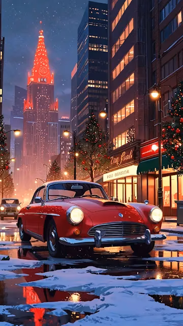 Red Classic Car on Festive Snowy City Street - Free 4K & 8K Mobile Wallpaper