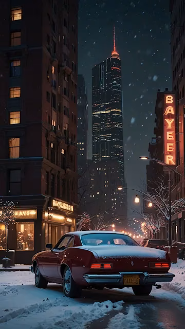 Red Classic Car in Snowy City at Night - Free 4K & 8K Mobile Wallpaper