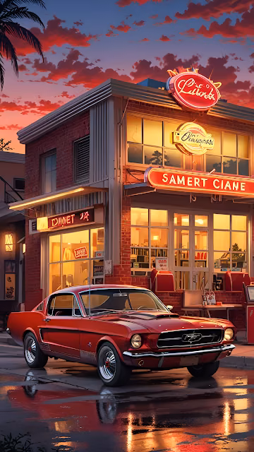 Red Classic Mustang Parked at Retro Diner at Sunset - Free 4K & 8K Mobile Wallpaper