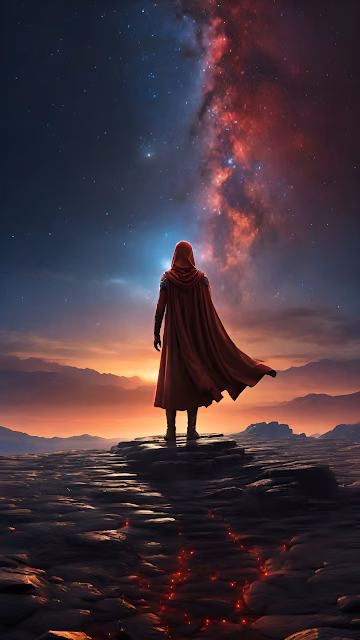 Red Cloak Figure Cosmic View Rocky Mountain Vista - Free 4K & 8K Mobile Wallpaper