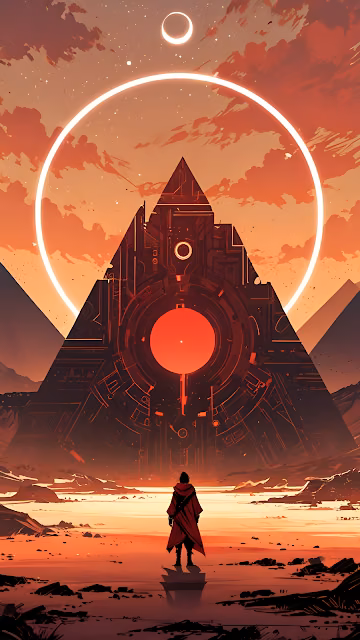 Red Cloaked Figure Before Giant Sci-Fi Pyramid - Free 4K & 8K Mobile Wallpaper