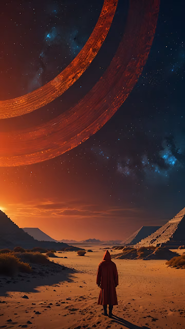 Red Cloaked Figure in Desert Under Ringed Planet Sky - Free 4K & 8K Mobile Wallpaper