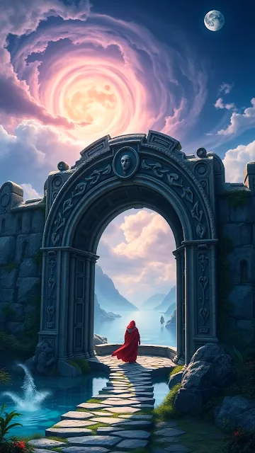 Red cloaked figure stands beneath ancient arch under swirling sky - Free 4K & 8K Mobile Wallpaper