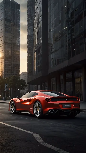 Red Ferrari Driving Through Modern City at Dusk - Free 4K & 8K Mobile Wallpaper