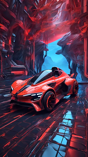 Red Futuristic Sports Car in Cyberpunk Neon Garage Scene - Free 4K & 8K Mobile Wallpaper