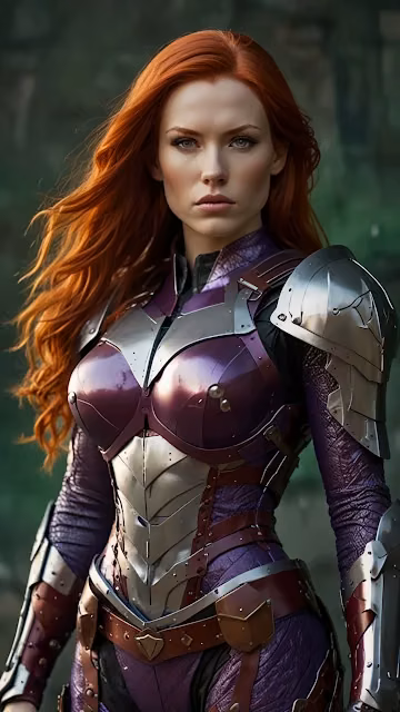 Red haired warrior in purple and silver armor stands tall - Free 4K & 8K Mobile Wallpaper