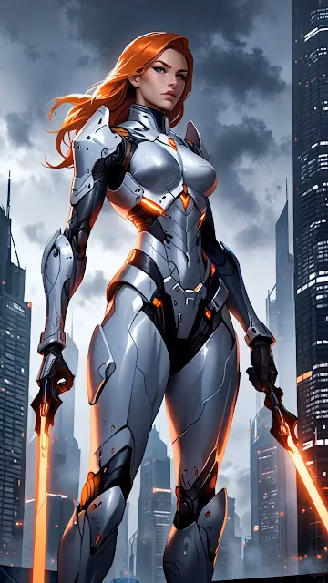 Red haired warrior in silver armor wields glowing blades - Free 4K & 8K Mobile Wallpaper