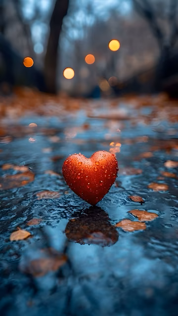 Red Heart Glistening with Raindrops on Wet Forest Path - Free 4K & 8K Mobile Wallpaper