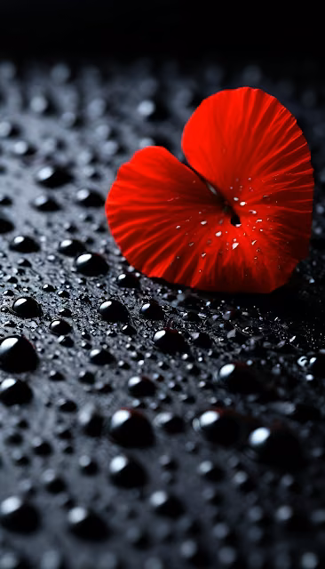 Red Heart-Shaped Flower Petal on Glistening Water Droplets - Free 4K & 8K Mobile Wallpaper
