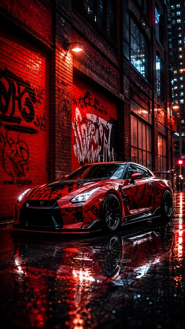 Download Red high performance sports car parked in wet alleyway Wallpaper in 4K UHD Red high-performance sports car with black livery parked on wet asphalt in a brick alley illuminated by red neon street lights.