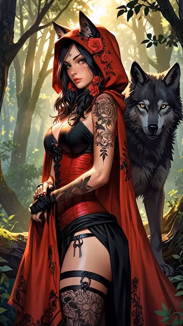 Red hooded woman with wolf companion in sunlit forest - Free 4K & 8K Mobile Wallpaper