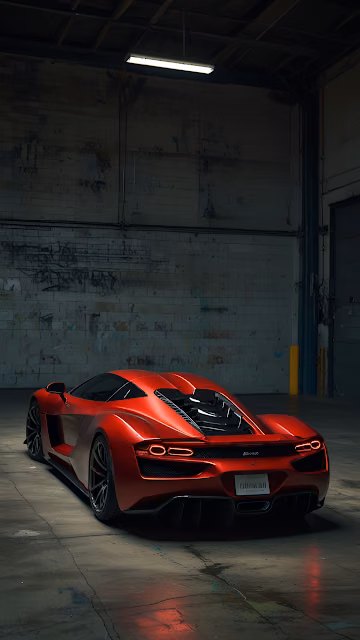 Red Hypercar Rear View in Gritty Industrial Garage - Free 4K & 8K Mobile Wallpaper