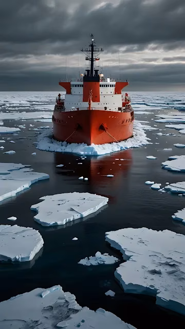 Red Icebreaker Ship in Dark Arctic Waters and Ice Floes - Free 4K & 8K Mobile Wallpaper