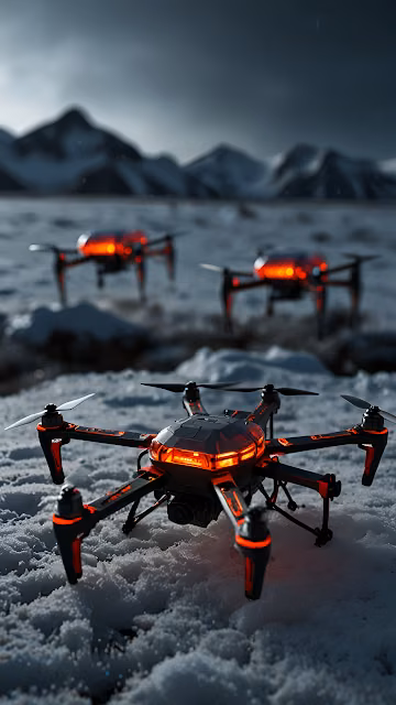 Red Illuminated Drones on Snowy Tundra Under Dark Sky - Free 4K & 8K Mobile Wallpaper