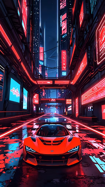 Red Neon Cyberpunk Alleyway Sports Car Synthwave - Free 4K & 8K Mobile Wallpaper
