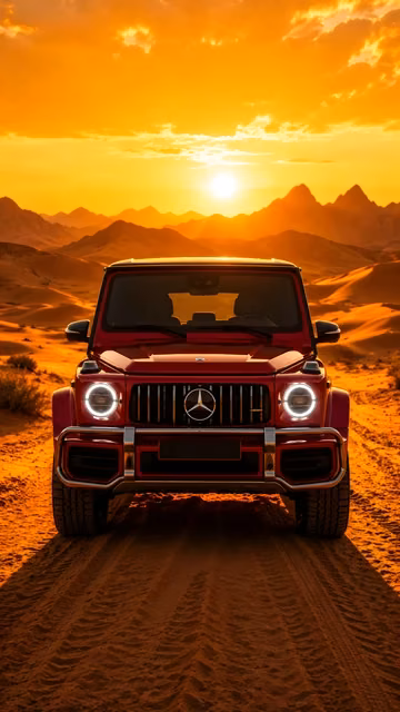 A straight-on shot of a red luxury four-wheel-drive SUV parked on a sandy desert track with sand dunes and mountains under a warm sunset.