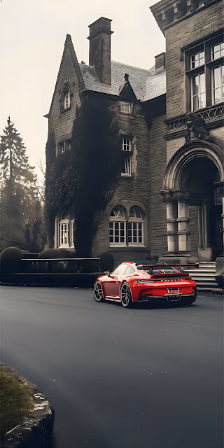 Red Porsche GT3 RS Classic Stone Mansion Estate Luxury - Free 4K & 8K Mobile Wallpaper