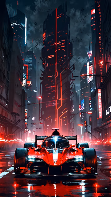 Red Race Car in Neon-Drenched Cyberpunk City - Free 4K & 8K Mobile Wallpaper
