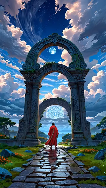 Red robed figure walks toward mystical arch under starry sky - Free 4K & 8K Mobile Wallpaper