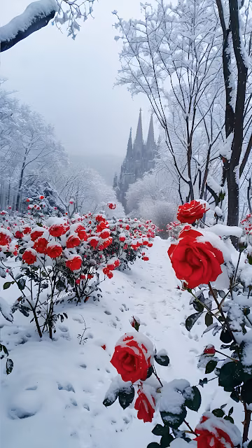 Red Roses Blooming in Snowy Garden Near Cathedral - Free 4K & 8K Mobile Wallpaper