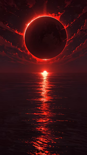 Red Solar Eclipse Over Dark Ocean Water Reflection - Free 4K & 8K Mobile Wallpaper