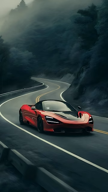 Red Sports Car Winding Mountain Road Misty Forest - Free 4K & 8K Mobile Wallpaper