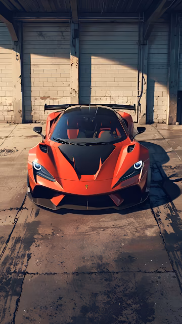Red Supercar Industrial Garage Front View Sunlight - Free 4K & 8K Mobile Wallpaper