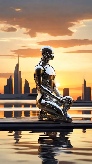 Reflective Robot Kneeling by Water at Sunset with City - Free 4K & 8K Mobile Wallpaper