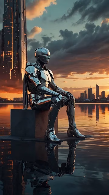 Reflective Robot Sitting on Block by Water at Sunset - Free 4K & 8K Mobile Wallpaper