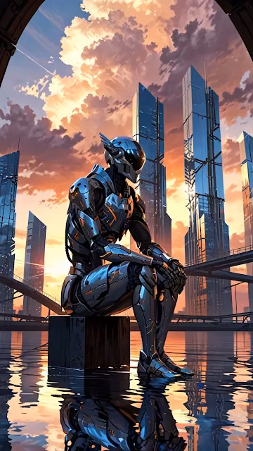 Reflective Robot Sitting on Block in Futuristic City at Sunset - Free 4K & 8K Mobile Wallpaper