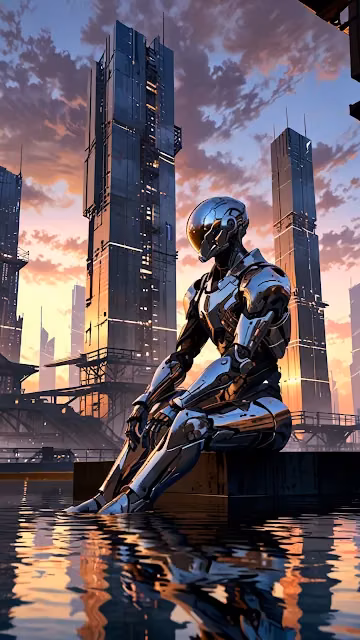 Reflective Robot Sitting on Block in Futuristic City at Sunset - Free 4K & 8K Mobile Wallpaper