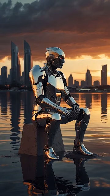 Reflective Robot Sitting on Block by Water at Sunset - Free 4K & 8K Mobile Wallpaper