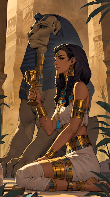 Regal Egyptian Queen Holding Golden Goblet by Sphinx Statue - Free 4K & 8K Mobile Wallpaper