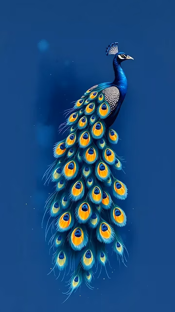 Elevate your phone screen with the vibrant elegance of detailed blue and gold peacock feathers. An illustrated peacock with detailed blue and gold plumage perched against a solid deep blue background.