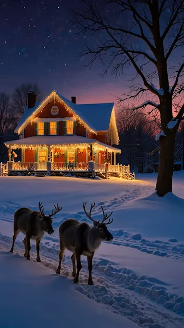 Reindeer Walking Toward Cozy Christmas House in Snow - Free 4K & 8K Mobile Wallpaper