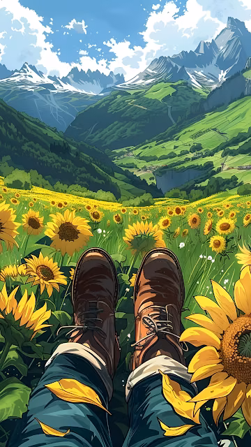 Relaxing in Sunflower Field View of Green Alpine Valley - Free 4K & 8K Mobile Wallpaper