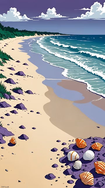 Retro Beach Art Seaside Landscape Purple Rocks Seashells - Free 4K & 8K Mobile Wallpaper