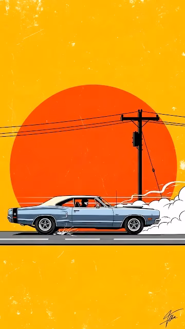 Retro Muscle Car Speeding Under Orange Sunset Illustration - Free 4K & 8K Mobile Wallpaper