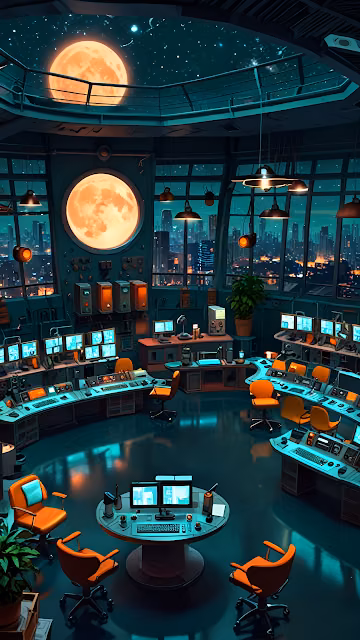 Retro Sci Fi Control Room Overlooking Night Cityscape - Free 4K & 8K Mobile Wallpaper