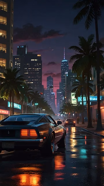 Retro Sports Car on Wet City Street at Night - Free 4K & 8K Mobile Wallpaper