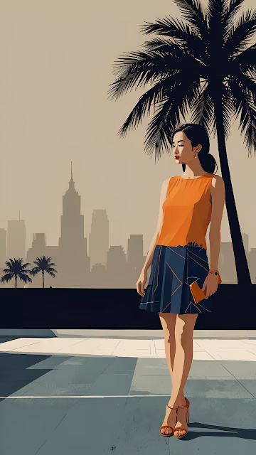Retro Style Woman Orange Skirt City Palm Tree Art - Free 4K & 8K Mobile Wallpaper