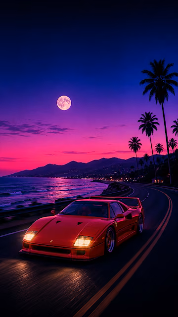 Retro Synthwave Sports Car Coastal Sunset Wallpaper - Free 4K & 8K Mobile Wallpaper