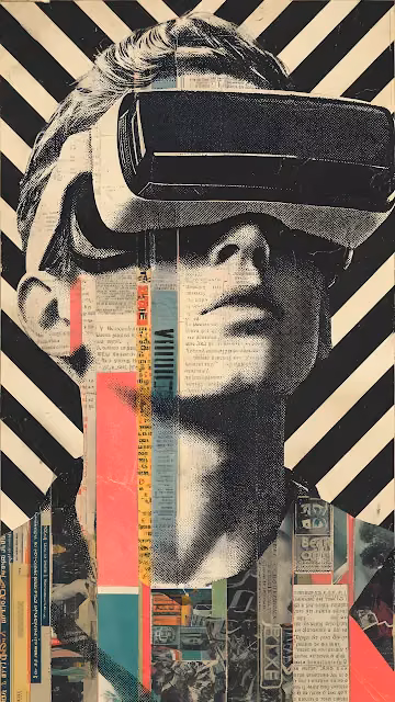 Retro VR Headset Portrait Collage Pop Art Newspaper Texture - Free 4K & 8K Mobile Wallpaper