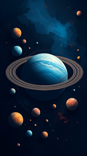 Ringed blue planet surrounded by floating celestial bodies - Free 4K & 8K Mobile Wallpaper