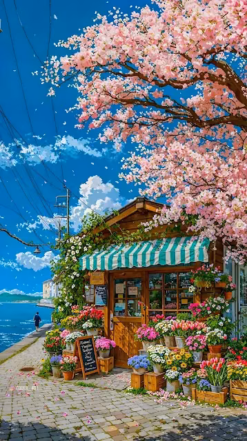 Riverside Flower Shop Under Cherry Blossom Tree - Free 4K & 8K Mobile Wallpaper