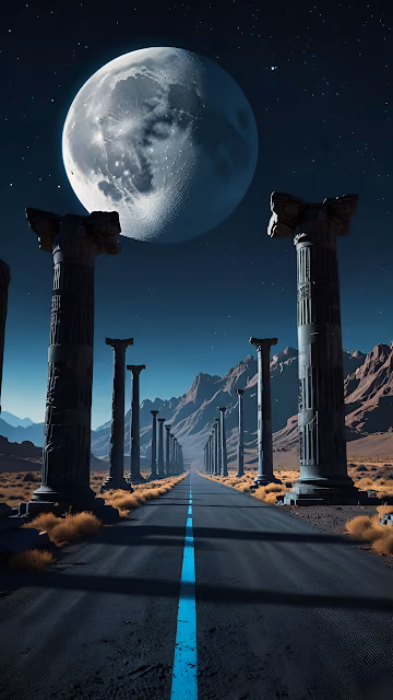 Road Through Ancient Columns Under Giant Moon - Free 4K & 8K Mobile Wallpaper