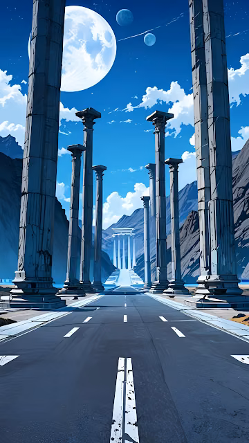 Road Through Ancient Columns Under Giant Moon - Free 4K & 8K Mobile Wallpaper