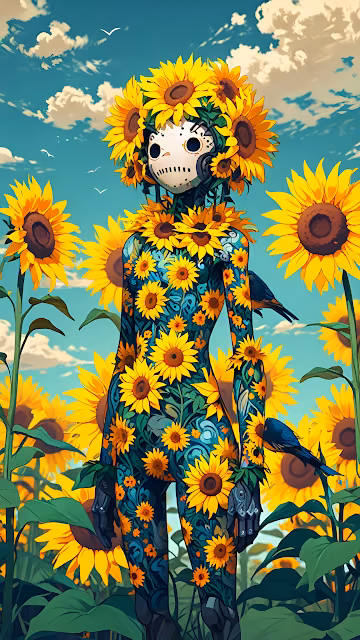 Robot adorned with sunflowers stands in vibrant field under sky - Free 4K & 8K Mobile Wallpaper